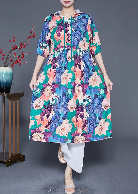 Women's Attire Explore What's New Women Blue Hooded Ruffled Print Silk Maxi Dresses Summer