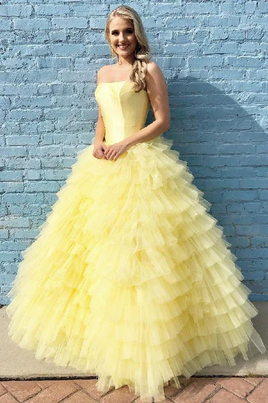 Women's Athleisure Apparel Chic Outfits DingJiDress Quinceanera Dresses Elegant Strapless Floor Length Yellow Prom Dresses Ball Gown