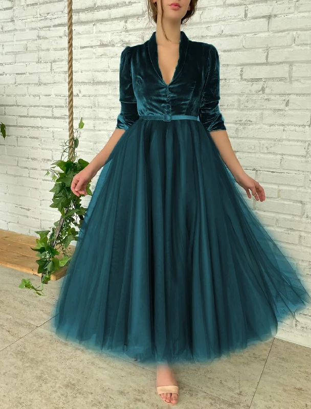 Sustainable Women's Apparel Exclusive Sale Ball Gown Cocktail Dresses Elegant Dress Party Wear Quinceanera Ankle Length Half Sleeve V Neck Tulle with Sash / Ribbon Buttons Splicing