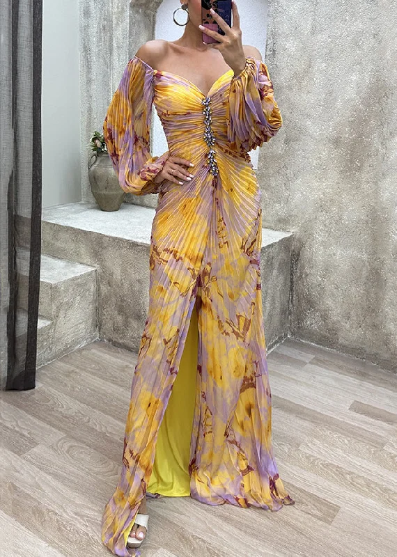 Modern Women's Attire All Season Fashion Collection French Yellow Wrinkled Zircon Cotton Maxi Dresses Spring