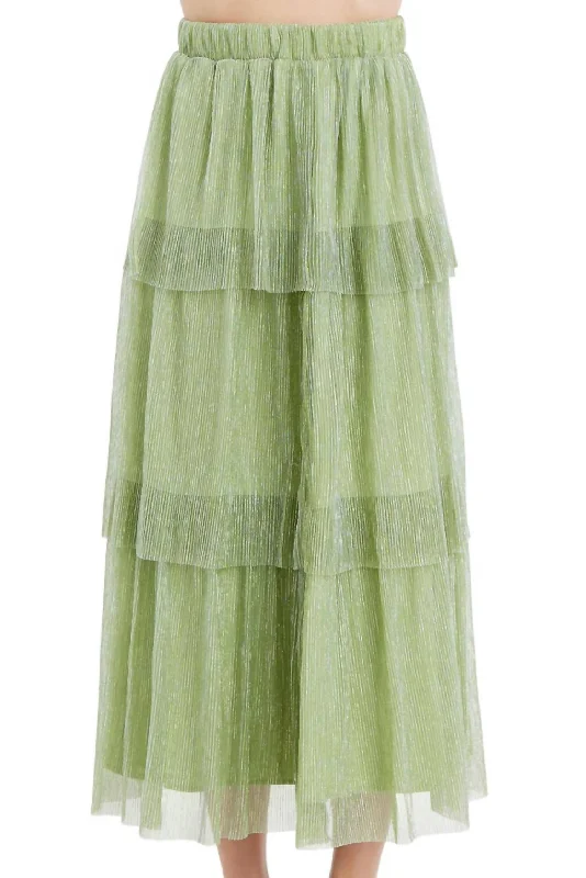 Comfortable Outfit For Women Wardrobe Upgrade Cara Metallic Plisse Maxi Skirt In Light Sage Green Color