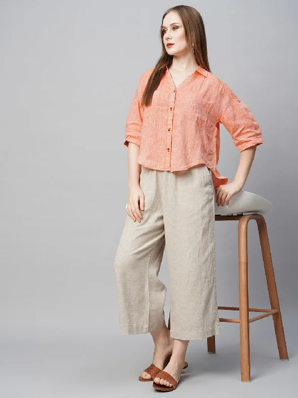 Women's Travel Outfit Set Charming Silhouette Women's Orange Linen Loose Fit Blouse