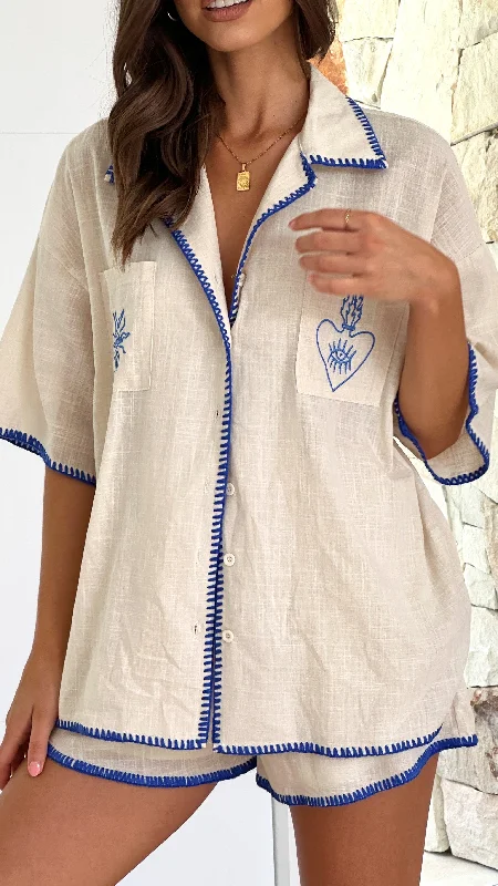 Women's Clothing For Everyday Wear Fashion Sale Mulani Button Up Shirt and Shorts Set - Beige/Blue