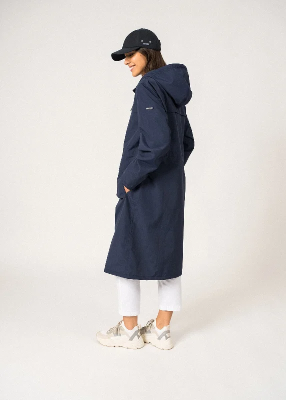 Women's High-Fashion Outfit Hot Trends Ste Delphine Long Raincoat – hooded (MARINE)