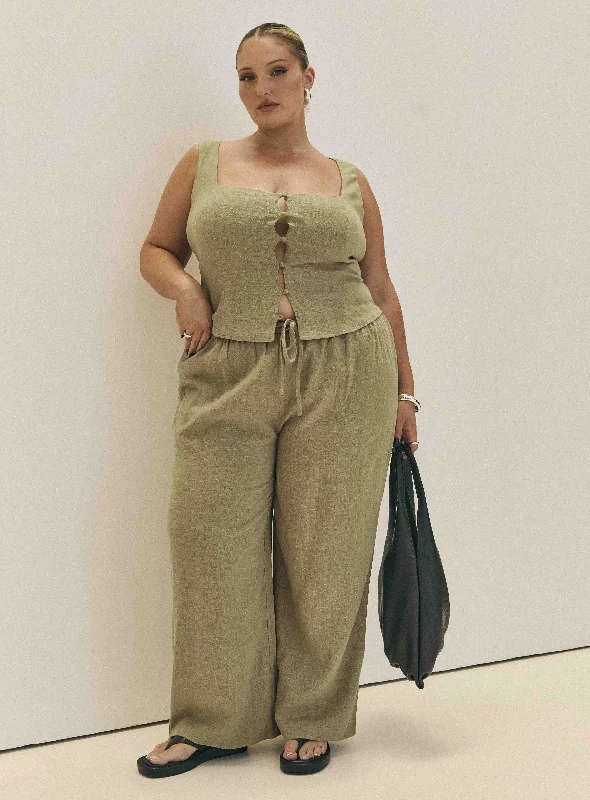 Casual Chic Women's Clothes Elegant Style Zodiac Linen Blend Pants Olive Curve