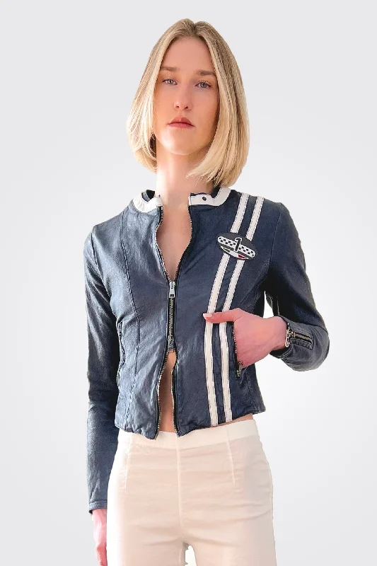 Women's Casual Wear Outfit Stylish Looks Striped Racer Leather Jacket - Navy