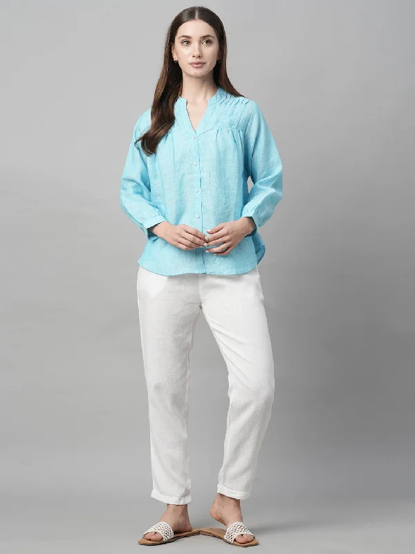 Women's Plus-Size Apparel Unleash Your Style Women's Aqua Linen Regular Fit Blouse