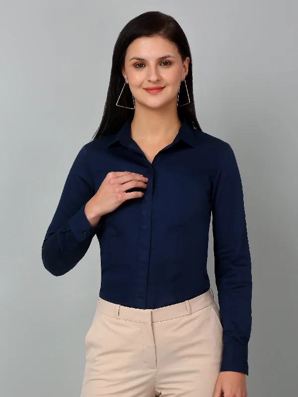 Women's Contemporary Apparel Elegant Attire For The Modern Lady Women's Formal Slim Fit Blue Regular Full Sleeve  Shirt