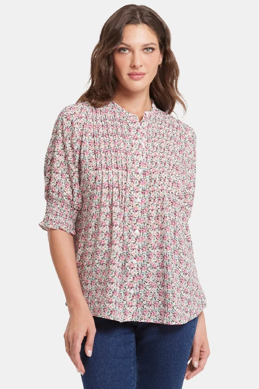 Women's Activewear Attire Elegant Contour Pleated Short Sleeved Blouse - Woodland Blooms