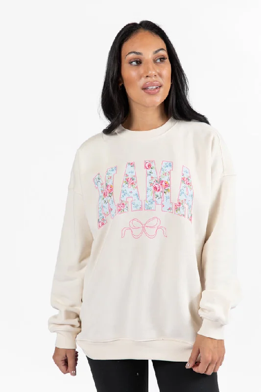 Women's Holiday Clothes Refined Simplicity Mama Floral Bow Cream Oversized Graphic Sweatshirt